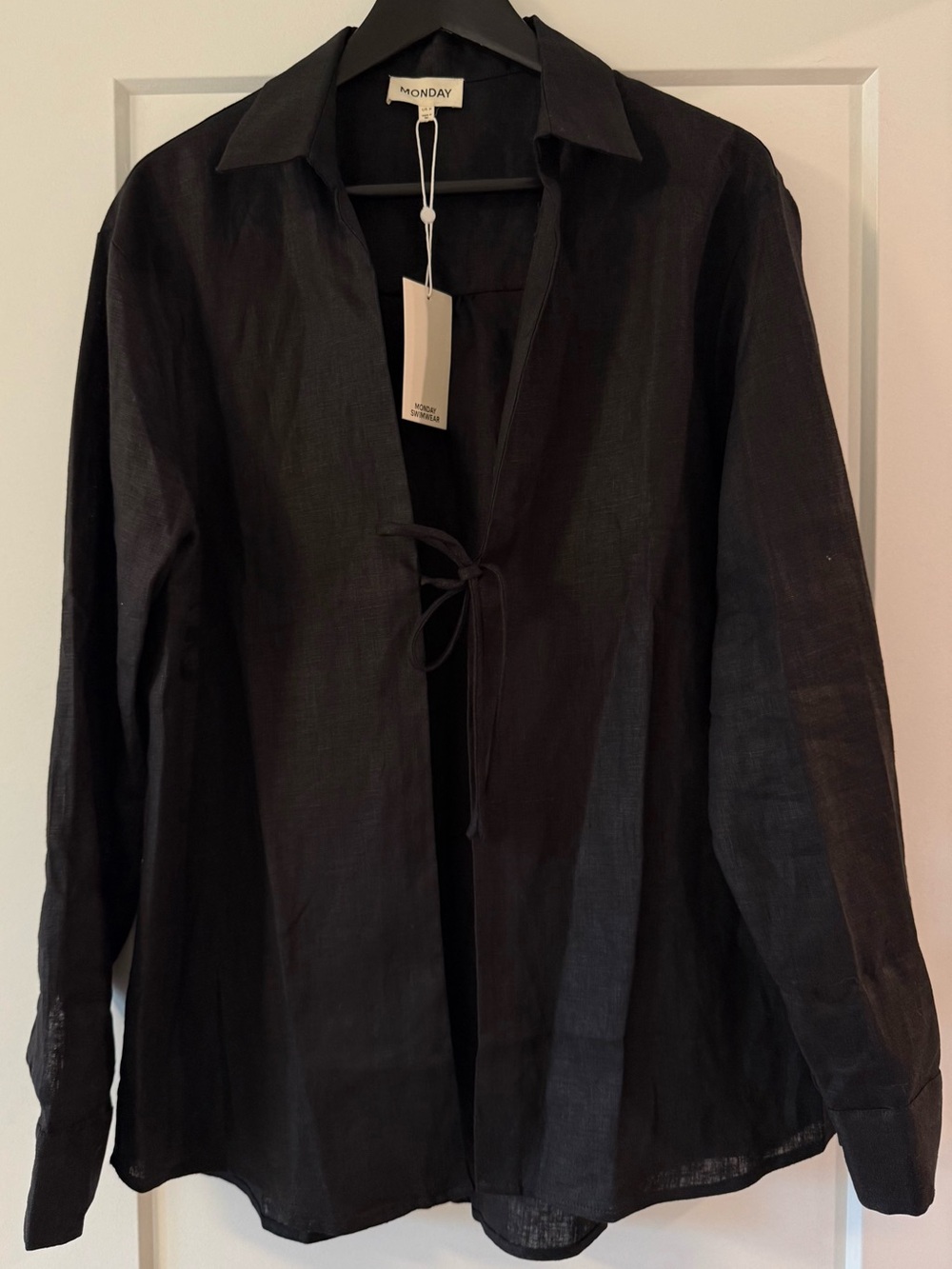 MONDAY Swimwear Black 100% Linen Tie-Front Shirt